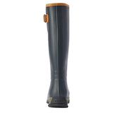 Blue wellington boot with a brown trim on a white background
