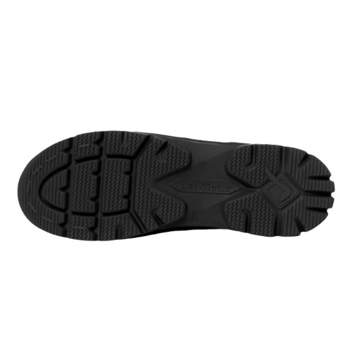 LeMieux AW26 Mens Bramshaw Welly Varient Black. Black rubber shoe sole with deep tread patterns and a molded logo, shown from a top-down view on a white background.