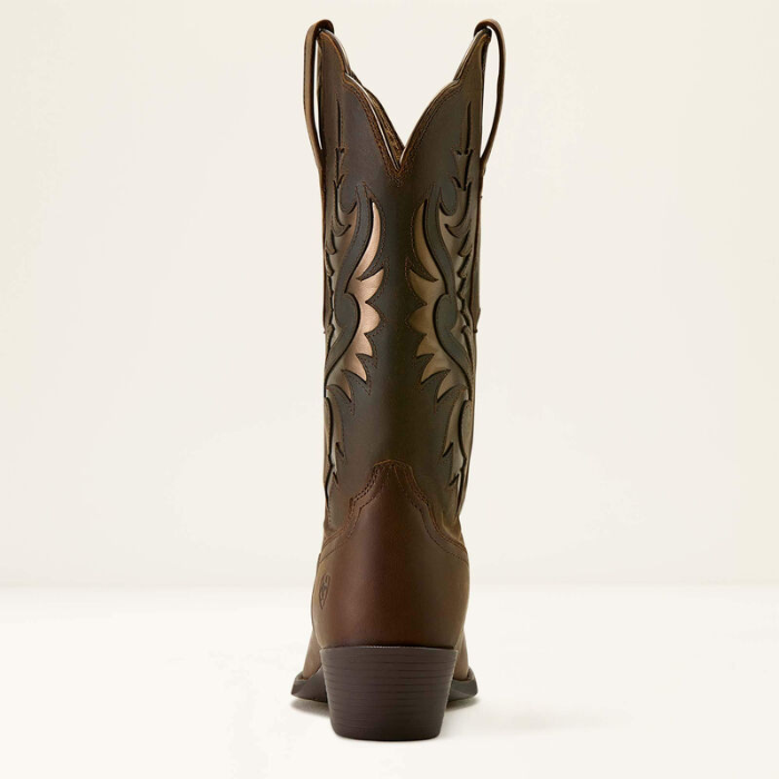Ariat Ladies Heritage R Toe Western Boot Variant Colour Sassy Brown. Western boot with decorative stitching and gold coloured material with R shaped toe on light cream background. 