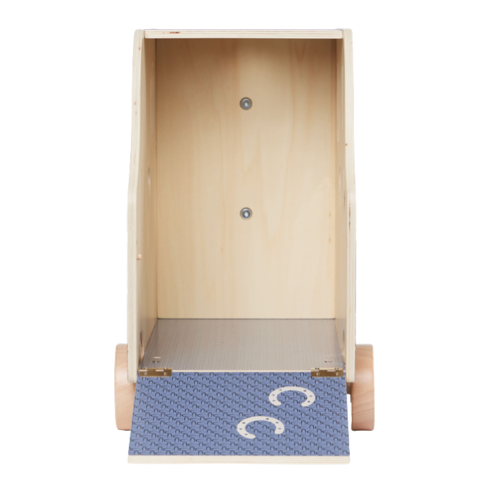 LeMieux AW26 Toy Pony Lorry Wooden Varient Brown. A wooden horse lorry and ramp made of natural light wood, featuring a blue textured ramp with white horse shoes at the bottom, set against a plain white background.