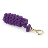 Purple leadrope with gold clip on a white background. 