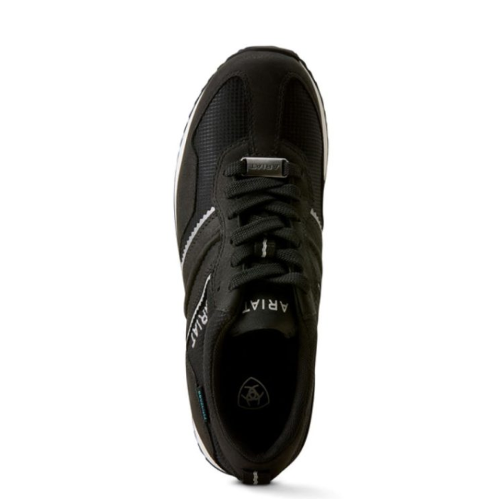Ariat Ladies Ranch Runner H20 Varient Carbon Black. Black trainer with a white sole and 'Ariat' branding from a birds eye view perspective. 