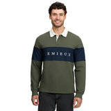 LeMieux AW26 Mens Rugby Shirt Varient Olive. A man wearing a long-sleeve rugby-style polo shirt with an olive green body, a navy blue chest stripe, and a white collar. The shirt features the word 'LeMieux' in white across the chest.