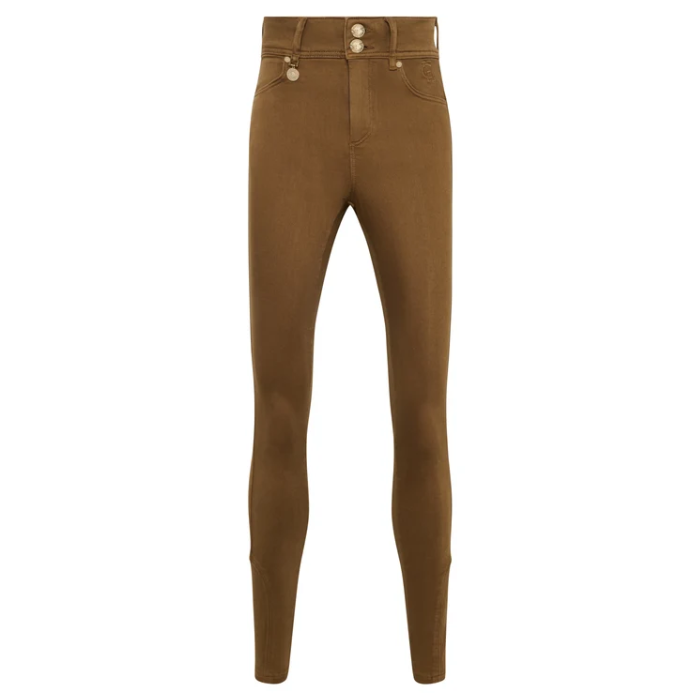 Holland Cooper Jodhpur Jean Variant Chesnut. A pair of slim-fit brown skinny jeans with a high waist and double button closure, shown against a plain white background.