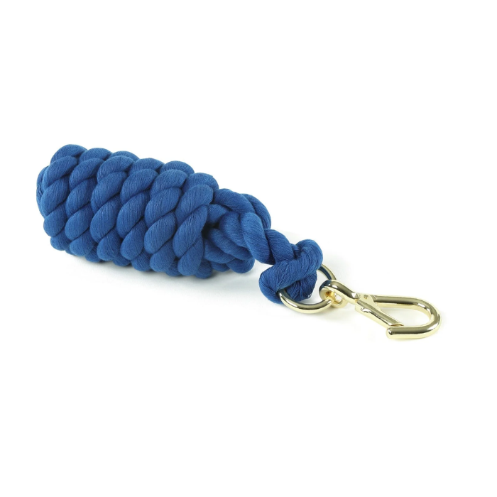 Blue leadrope with gold clip on a white background. 