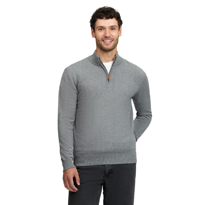 LeMieux AW26 Mens Quarter Zip Knit Varient Grey. A man wearing a heather gray quarter-zip pullover sweater with a small brown zipper pull, paired with dark jeans, against a plain white background.
