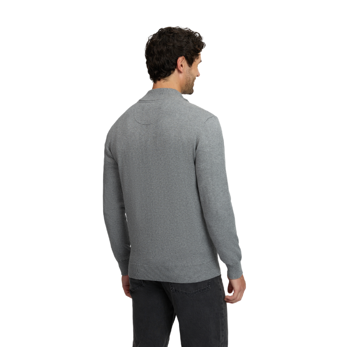 LeMieux AW26 Mens Quarter Zip Knit Varient Grey. A man viewed from the back wearing a heather gray long-sleeve knit sweater and dark jeans against a plain white background. 