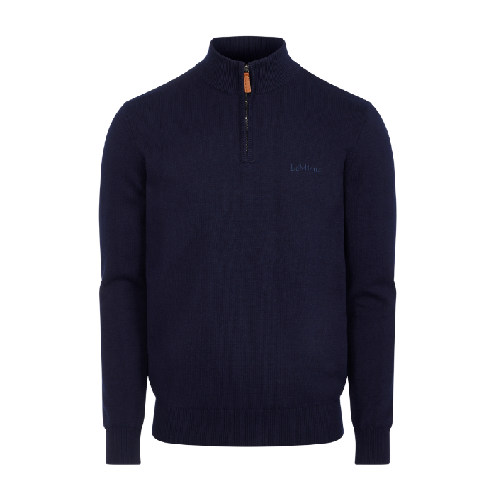 LeMieux AW26 Mens Quarter Zip Knit Varient Navy. A navy blue ribbed knit quarter-zip sweater with a stand collar, featuring a small embroidered 'LeMieux' logo on the left chest and a contrasting orange zipper pull, shown on a plain white background.