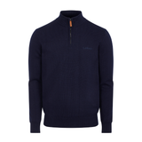 LeMieux AW26 Mens Quarter Zip Knit Varient Navy. A navy blue ribbed knit quarter-zip sweater with a stand collar, featuring a small embroidered 'LeMieux' logo on the left chest and a contrasting orange zipper pull, shown on a plain white background.