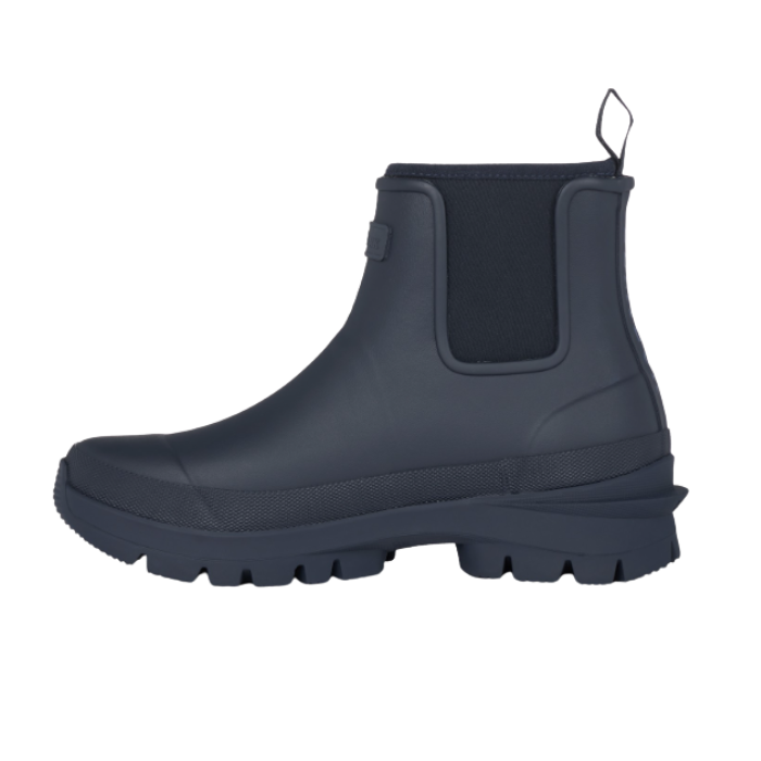 LeMieux AW26 Bramshaw Chelsea Welly Varient Navy. A dark navy blue rubber rain boot with a thick sole and a black elastic side panel, shown in a side profile view against a plain white background.