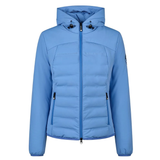 Pikeur AW26 Athleisure Quilted FlexJacket Variant Electric Blue. A light blue hooded puffer jacket with a full front zipper, zippered hand pockets, and drawstring hood details, shown on a plain white background.
