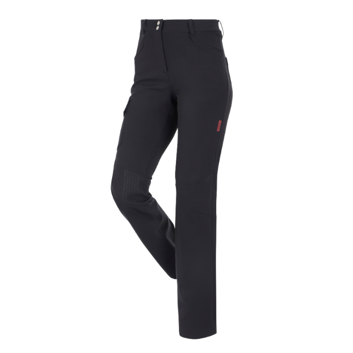 LeMieux AW26 Stormwear Stretch Waterproof Trousers Varient Black. Black pants with a zipper and red logo on a white background