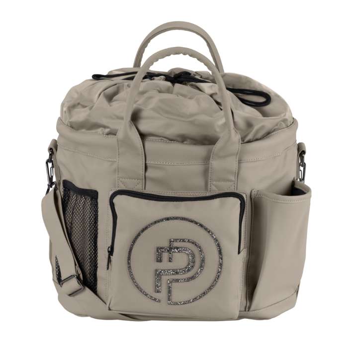 Eskadron Faux Leather Accessories Bag Varient Pale Grey. A Grey drawstring duffel bag with top handles, side mesh pockets, and a front pocket featuring a glittery circular 'P' logo, shown on a white background.