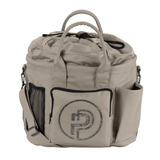 Eskadron Faux Leather Accessories Bag Varient Pale Grey. A Grey drawstring duffel bag with top handles, side mesh pockets, and a front pocket featuring a glittery circular 'P' logo, shown on a white background.