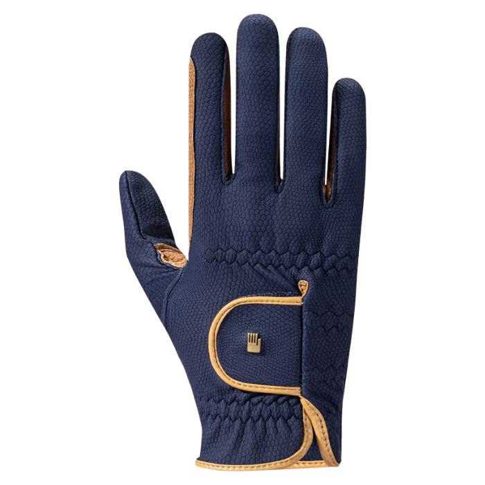 A single navy blue equestrian riding glove with tan leather trim and a small gold embroidered logo, shown against a plain white background.