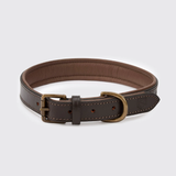 A dark brown leather collar with a matching dark brown interior, featuring antique bronze-toned metal hardware and fine contrast stitching, displayed on a light gray background.