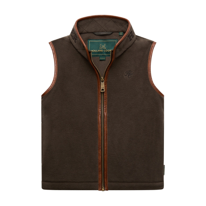 Holland Cooper Little Country Fleece Gilet Variant Khaki. A dark brown/ Khaki fleece vest with tan contrast stitching, a full-zip front, and a stand-up collar, shown on a plain white background. 