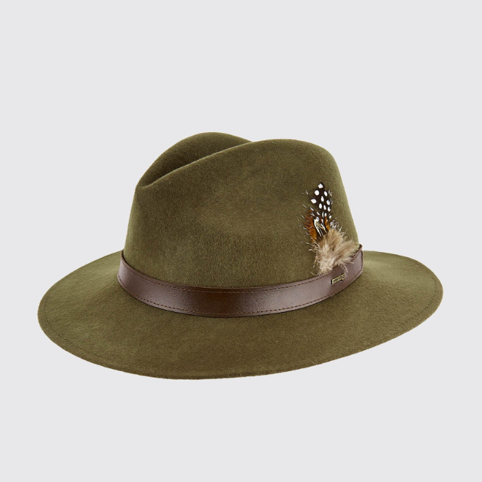 Dubarry Gallagher Hat Variant Olive. An olive green felt fedora hat with a brown leather band and a decorative feather accent on the side, shown against a light gray background.
