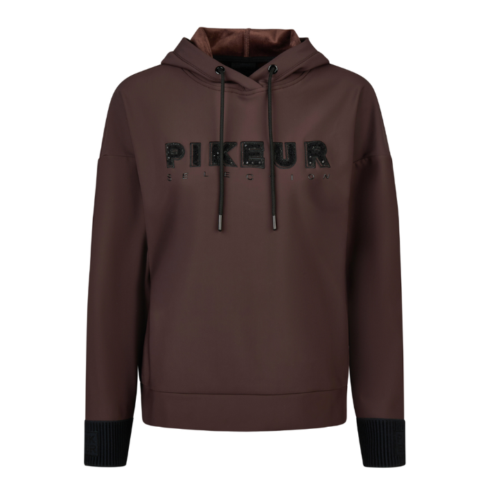 Pikeur AW26 Plushluxe Hoody Variant Chocolate/Brown. A dark brown pullover hoodie with black ribbed cuffs, a black hood lining, and a black 'PIKEUR' logo printed across the chest, shown on a plain white background.