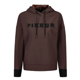 Pikeur AW26 Plushluxe Hoody Variant Chocolate/Brown. A dark brown pullover hoodie with black ribbed cuffs, a black hood lining, and a black 'PIKEUR' logo printed across the chest, shown on a plain white background.