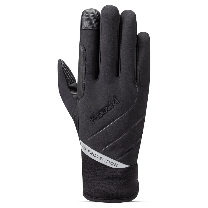 A single black Rocci glove shown from the back, featuring a textured grip on the fingertips, diagonal stitched paneling, and a white band near the cuff with the text 'PRO PROTECTION'.
