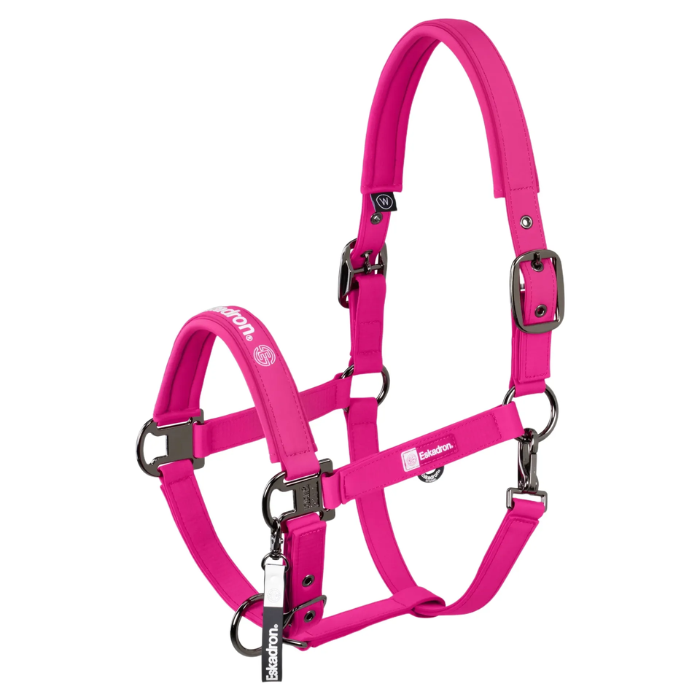 Bright Pink headcollar with 'Eskadron' branding and silver buckles against a white background. 