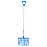 Shavings fork with blue handle and rake on white background