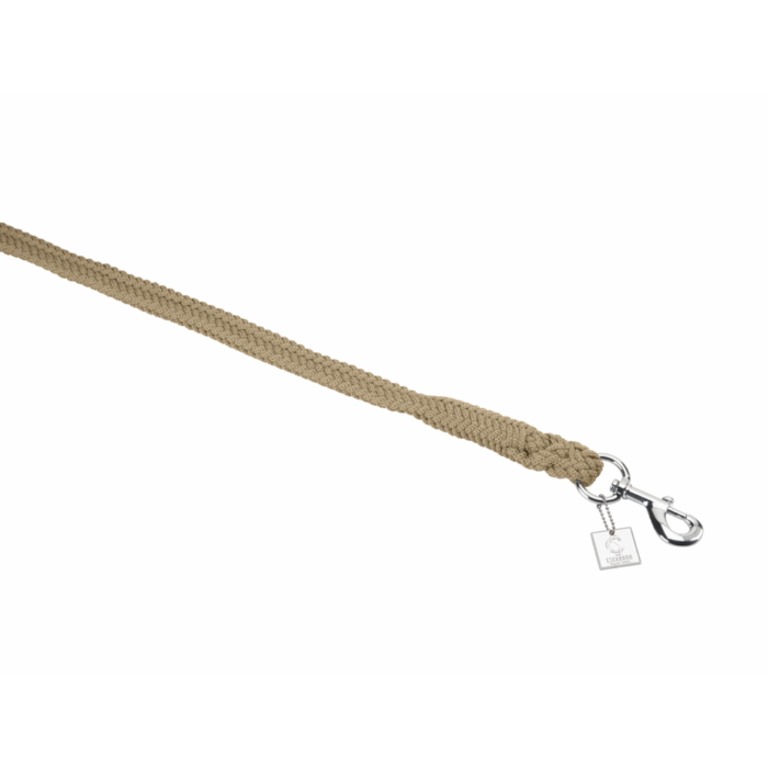 Beige rope with metal clasp on white background