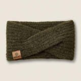 Ariat Ladies Chilton Headband Variant Olive. An olive green ribbed knit twist-front ear warmer with a small brown leather brand patch on the lower left, shown on a light beige background.