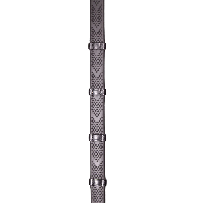 Close up of black rubber rein on white background