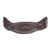 Brown equestrian girth strap with metal rings on a white background