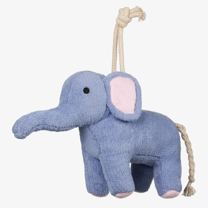 Blue elephant plush toy with pink interior on a white background
