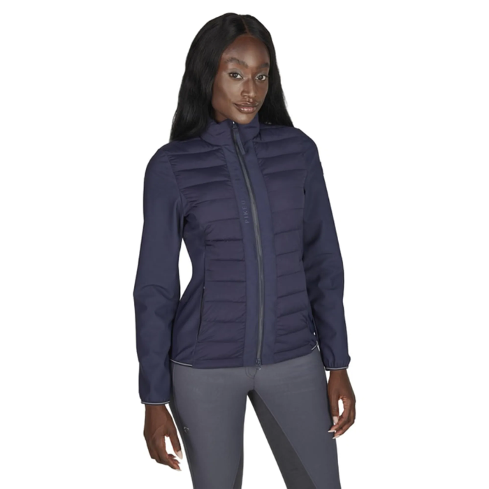 Person with navy jacket and grey leggins on white background