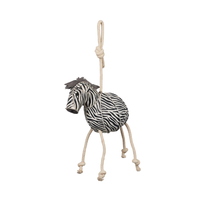 Zebra style horse toy with ropes on white background