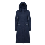 LeMieux AW26 Stormwear Performance Riding Coat Varient Navy. A dark navy hooded raincoat with light gray piping details on the pockets and cuffs, shown on a plain white background.