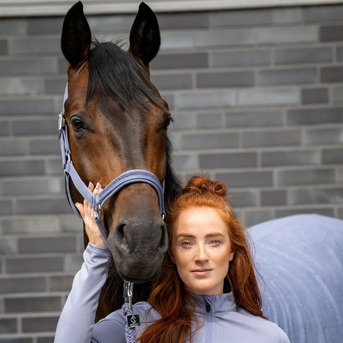 Horses head and female on grey back horse wearing blue halter