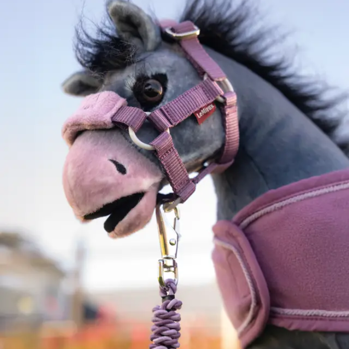 Toy pony wearing pink halter on blurred background