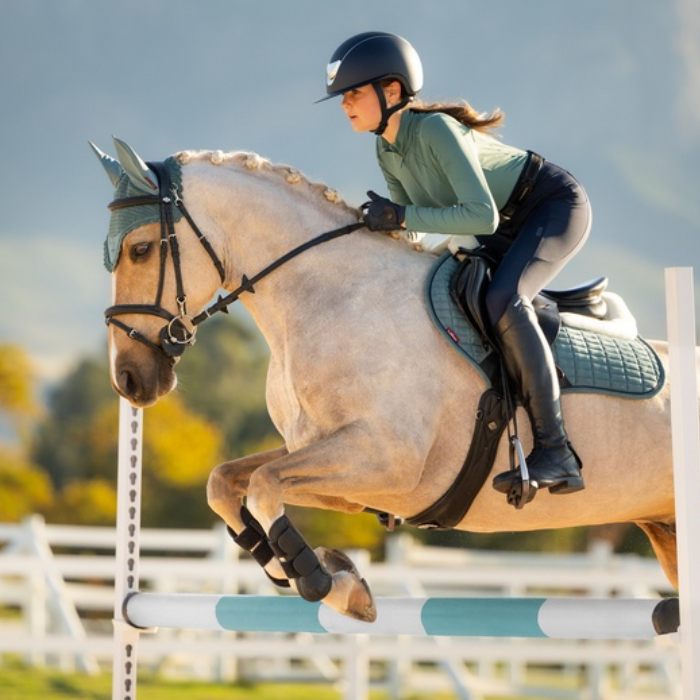 LeMieux AW26 Merino+ Suede Classic Close Contact Square Varient Aloe. A person riding a light-colored horse over a blue and white jump in an outdoor equestrian setting. The rider is wearing a dark helmet, sage green long-sleeve shirt, black pants, and black riding boots.