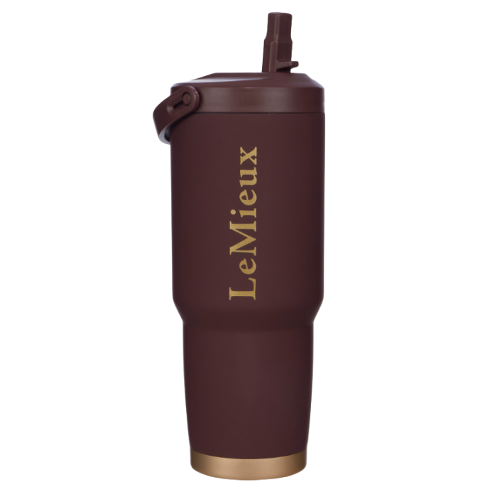 LeMieux AW26 Sports Flip Cup Varient Blackberry. A dark brown insulated travel tumbler with a matching lid and straw, featuring the brand name 'LeMieux' printed vertically in gold on the front, set against a plain white background.