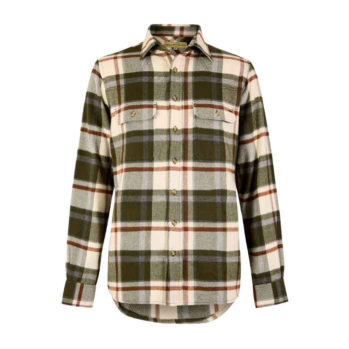Dubarry Townley Men's Hunting Check Shirt Variant Dusky Green. A long-sleeve plaid button-up shirt in olive green, beige, and brown, displayed on a clean white background.