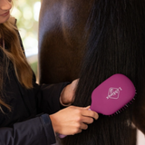 LeMieux AW26 Tangle Tidy Varient Blackberry. A person brushing dark horse hair with a bright pink Lamiguard horse hairbrush.