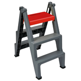 A gray plastic step ladder with a bright red top step pad, shown on a plain white background.