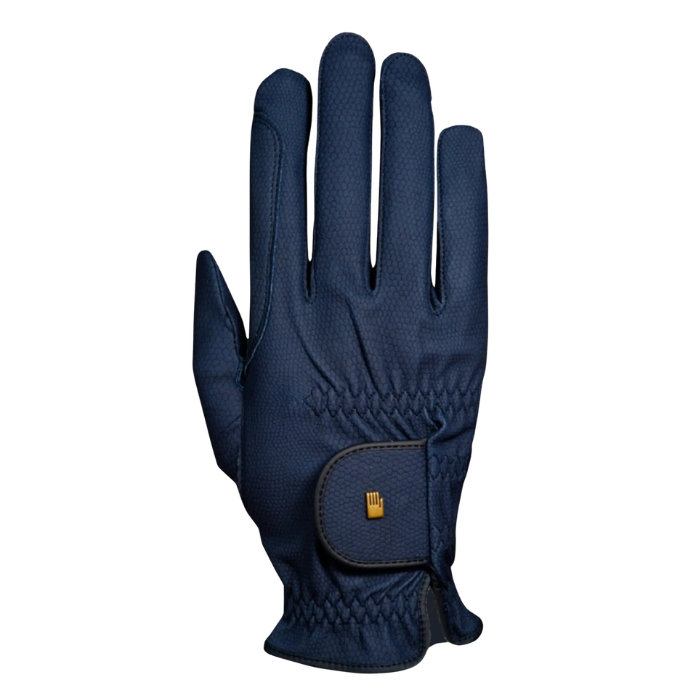 Navy riding glove with a small gold logo on a velcro strap shown on a White background. 