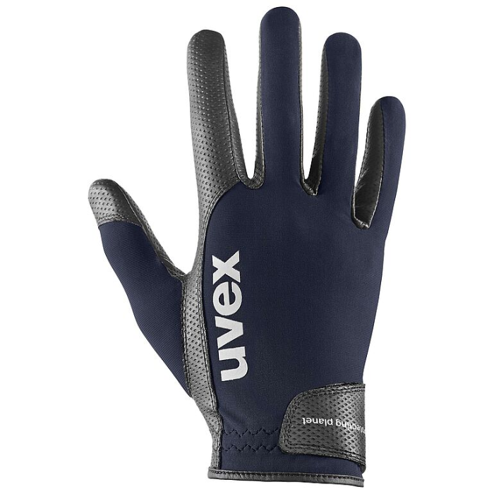 Navy blue glove with gray accents and Uvex branding on a white background