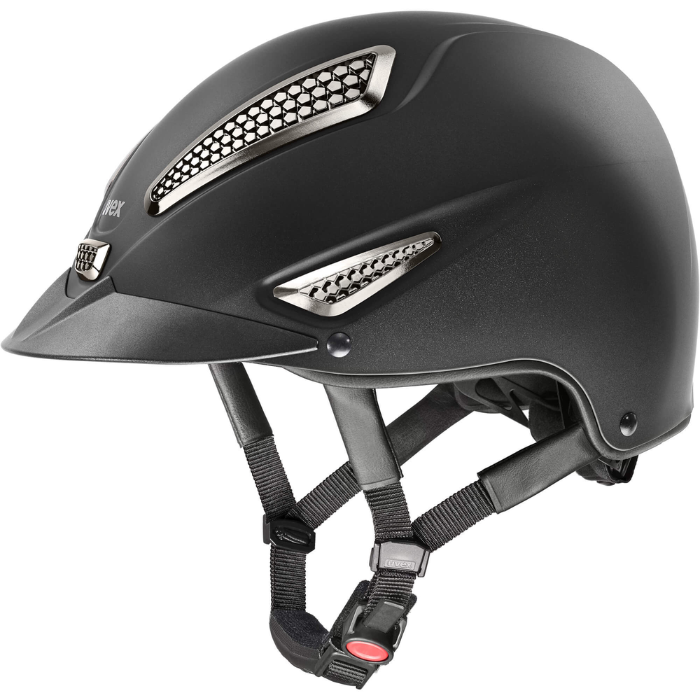 Matt black riding hat with chrome vents on white background 'Uvex'