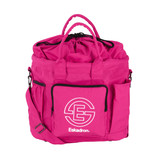Pink horse grooming bag with two handles and a white Eskadron label against a white background. 