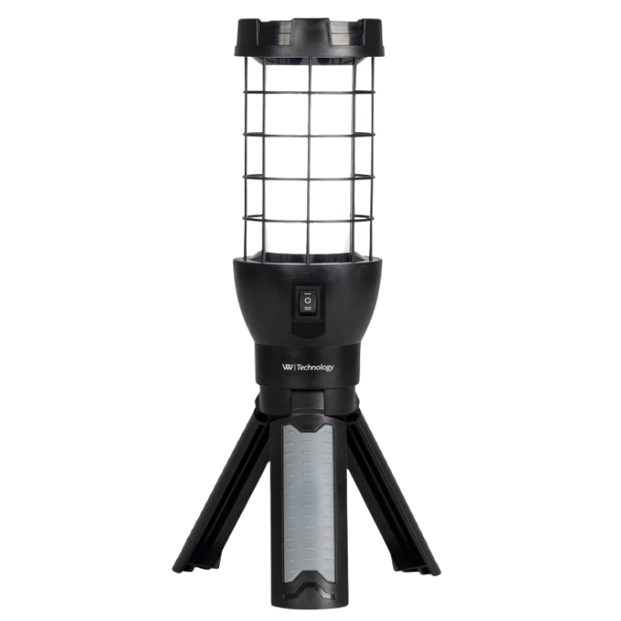 A black VIVI Technology bug trap light with a tripod base, featuring a wire cage body and a power switch on the front.
