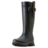 Ariat Ladies Woodstock Insulated Wellies Variant Navy. A single tall navy rubber rain boot with a brown leather strap and buckle detail on the side, shown against a plain white background.