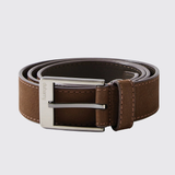 Brown/ Orange leather belt with a silver buckle and orange stitching.
