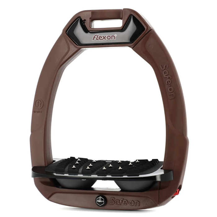 Brown equestrian stirrup with 'Flexon' branding on a white background